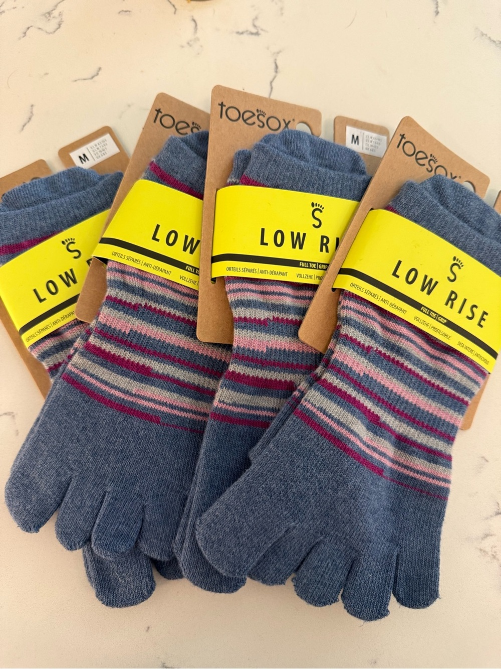toesox Low Rise Five-Toe Socks in Heather Blue with Pink and Gray Stripes
